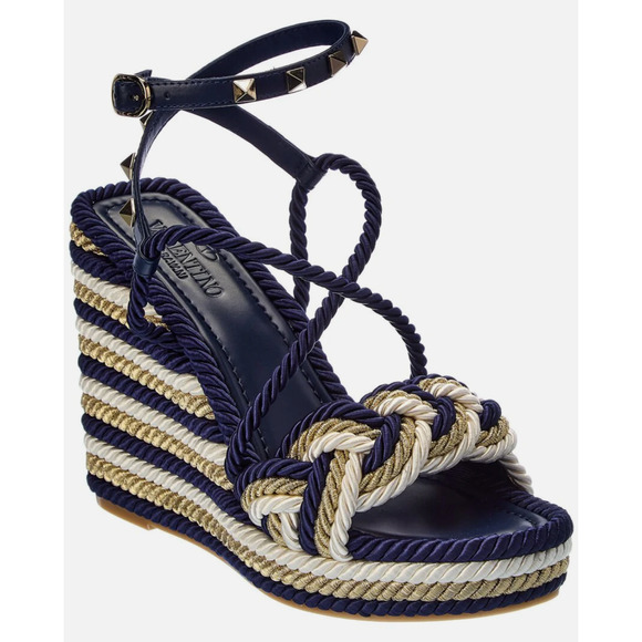 Valentino Rockstud Torchon Blue Stripe Cord Rope Wedge Ankle Strap Sandal 36 - Picture 2 of 12